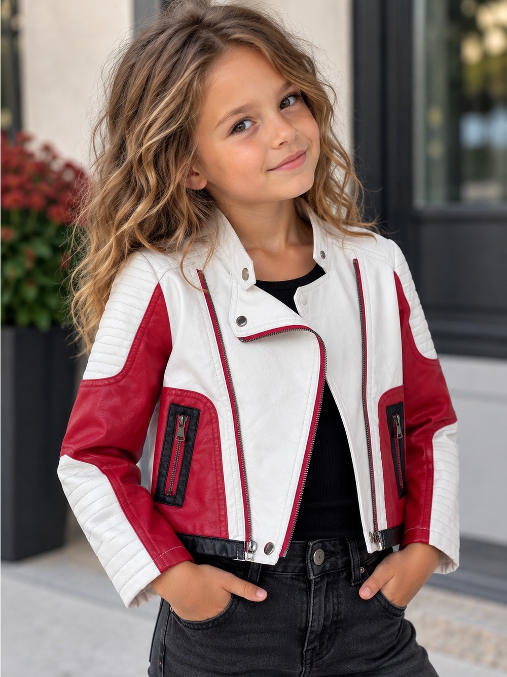 BuderRimmy Kids Moto Jacket Red White Black Faux Leather Size 7/8
